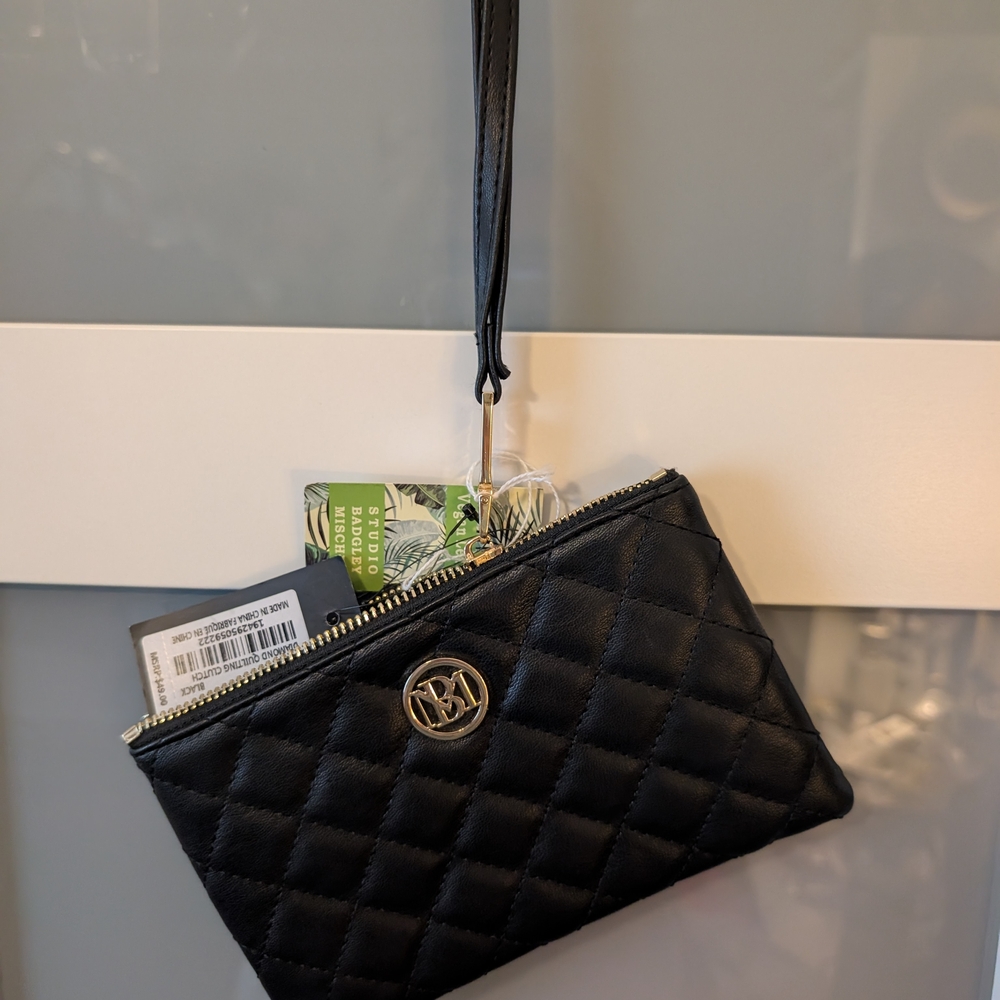 Badgley Mischka Black Quilted Clutch with Wristlet